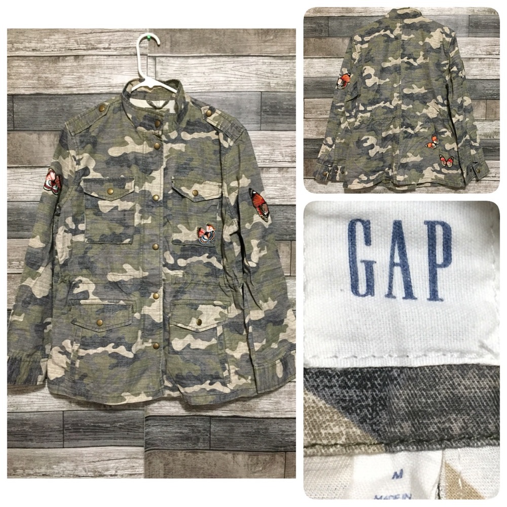 Gap Camo Military Jacket Women’s M Green Butterfly Patches Full Zip Snap